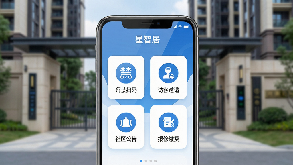 ����������һ�������ֻ���Ļ��ʾ���Ǿ�APP��ҳ���棬��������Ž�ɨ�롢�ÿ����롢�������桢���޽ɷ��ĸ�����ͼ�ꣻ����Ϊ�ֻ����з��ã��������ִ���С��������¥������Ű�������������ͼ���������룻���Ϊ�Ƽ��б�ƽ����ƣ�ɫ��������Ϊ����ϸ�ڰ����ֻ��߿�Բ����Ļ������Ȼ�������黯���������ʸ��壬����ɾ����޶���Ԫ�أ�ͼƬ�����֡����Ǿӡ������ɼ���