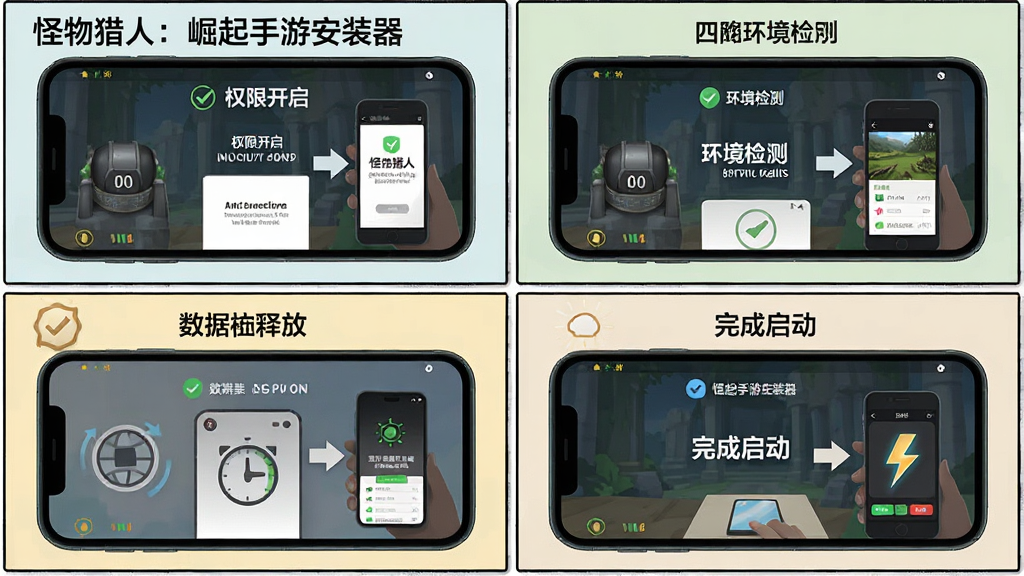 软件名称“怪物猎人:崛起手游安装器”操作步骤示意图,主体为手机屏幕显示安装流程分步截图,布局为四格漫画式,分别展示权限开启、环境检测、数据释放、完成启动四个阶段,风格为扁平化插画风,细节包含箭头指引与状态图标,画质高清,干净,无多余元素