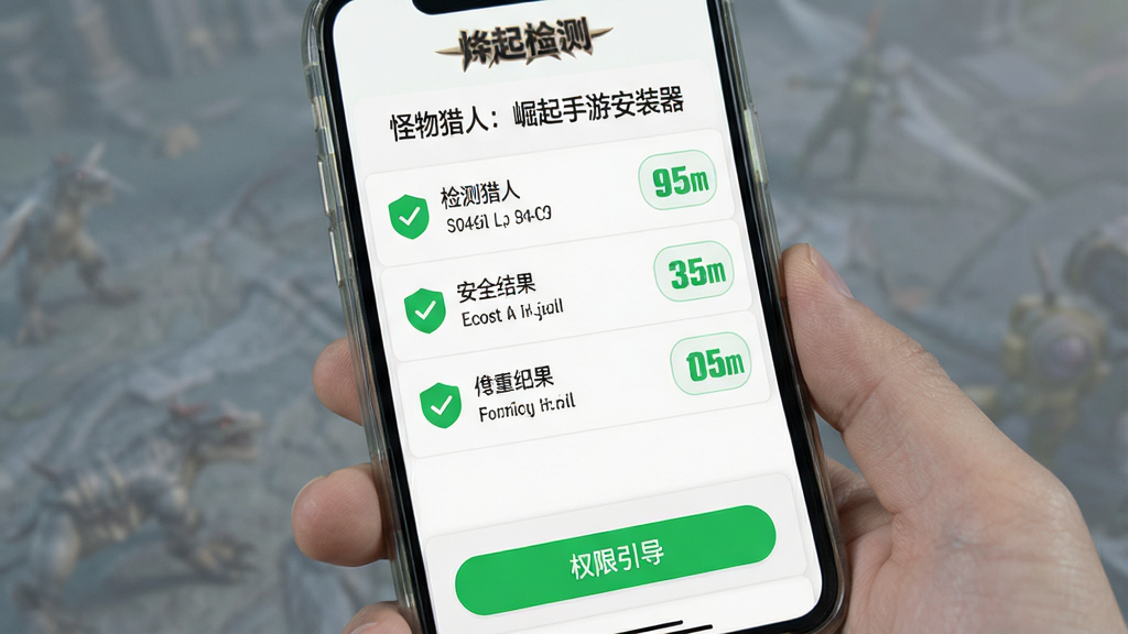 软件名称“怪物猎人:崛起手游安装器”安全校验界面预览图,主体为手机屏幕显示安全检测报告,布局为列表式,上方为检测项目标题,中部为各项检测结果与状态图标,底部为权限引导按钮,风格为清新简约风,细节包含绿色安全标识与权限图标,画质高清,干净,无多余元素