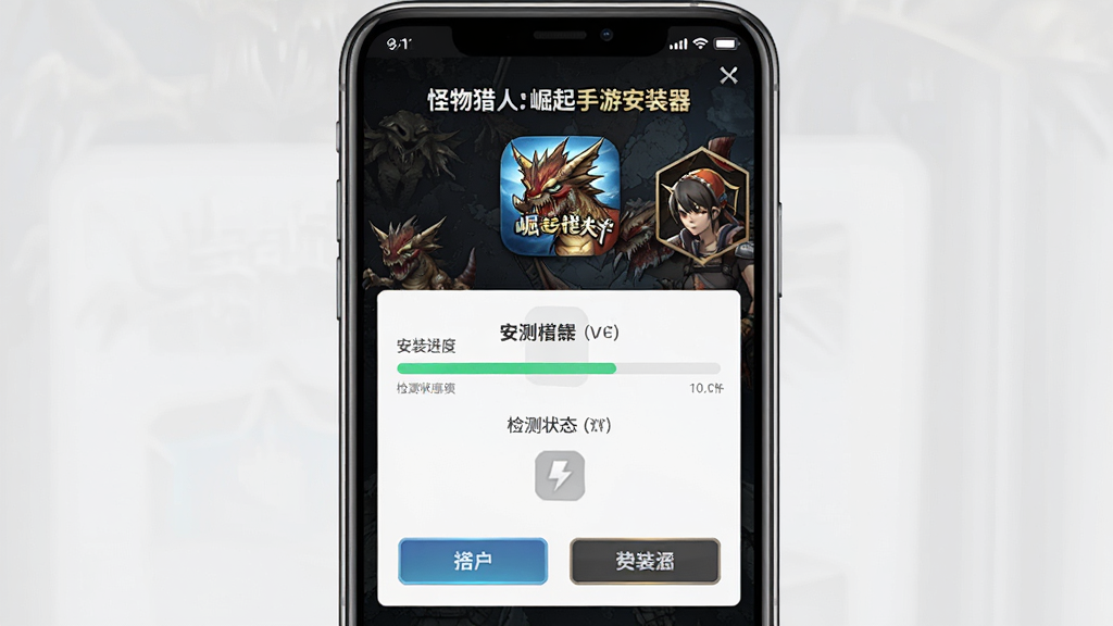 软件名称“怪物猎人:崛起手游安装器”主界面预览图,主体为手机屏幕展示安装器UI,布局采用居中构图,上方为软件名称与图标,中部显示安装进度条与检测状态,底部为功能按钮,风格为科技感深色主题,细节包含怪物猎人风格纹理与猎人图标,画质高清,干净,无多余元素
