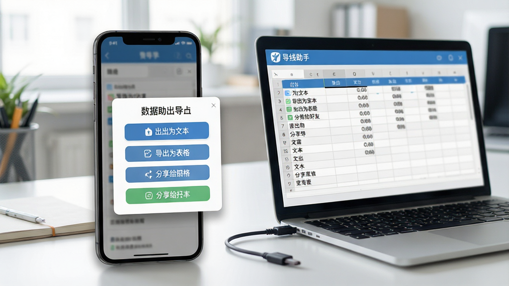 一张展示导线助手数据导出分享功能的手机界面图,画面中一部手机屏幕显示着数据导出选项弹窗,包含导出为文本、导出为表格、分享给好友等按钮,手机旁边有一台笔记本电脑显示着接收到的数据表格,背景为办公室桌面环境,整体风格为现代简约风,细节包括弹窗阴影、按钮图标、数据线连接,画面中带有导线助手文字标识,画质高清,干净,无多余元素