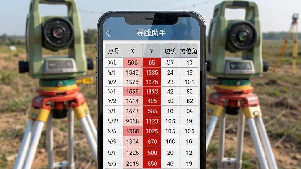 一张展示导线助手精度评定结果页面的手机界面图,画面中央为手机屏幕,屏幕上显示着平差计算后的坐标数据表格,表格中包含点号、X坐标、Y坐标、边长、方位角等列,部分超限数值以红色高亮标注,屏幕上方有导线助手标题栏,背景为测量仪器放置于野外地面的场景,整体风格为写实风格,细节包括表格线条清晰、数字字体工整、手机屏幕有轻微反光,画质高清,干净,无多余元素