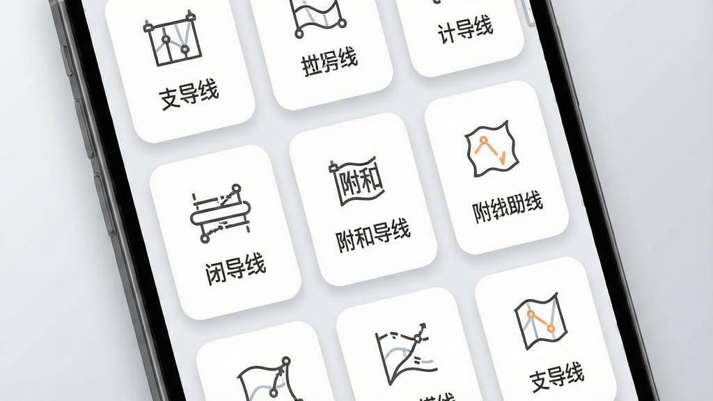 一张展示导线助手软件功能模块的界面截图风格图片,画面主体为手机屏幕特写,屏幕上以卡片形式排列着闭合导线、附和导线、支导线等计算模块图标,每个卡片带有简洁的线条图标和中文标签,背景为浅灰色渐变,整体风格为扁平化UI设计,细节包括卡片圆角、阴影层次、图标清晰,画面中带有导线助手文字标识,画质高清,干净,无多余元素