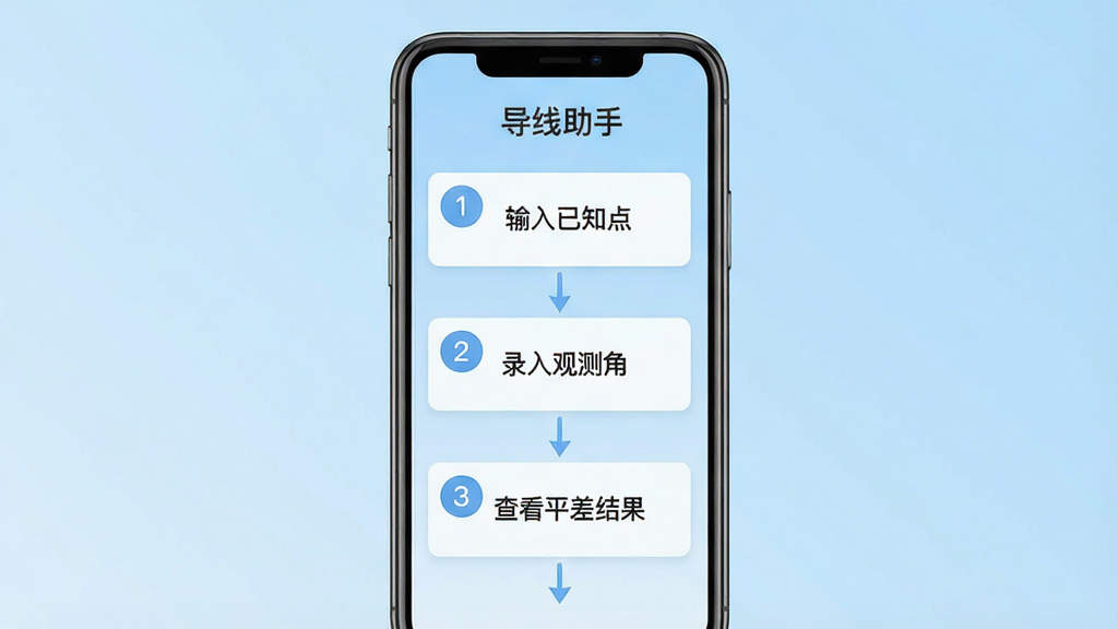 一张展示导线助手新手操作引导页面的手机界面图,画面中央为手机屏幕,屏幕上显示着分步操作指引卡片,包含“输入已知点”“录入观测角”“查看平差结果”等步骤标签,背景为浅蓝色渐变,整体风格为扁平化设计,细节包括步骤序号圆标、箭头引导线、界面简洁,画面中带有导线助手文字标识,画质高清,干净,无多余元素