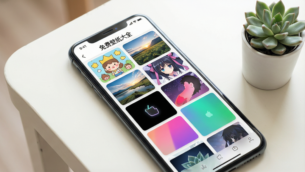 一张展示智能手机屏幕特写的图片,屏幕中显示着「免费壁纸大全」软件的主界面,界面采用瀑布流布局,展示了各种风格的壁纸缩略图,包括卡通、风景、二次元、纯色等。手机放置在一张干净整洁的浅色桌面上,旁边有一盆小小的多肉植物。光线明亮柔和,画面风格清新现代,细节清晰,画质高清,无多余杂物。