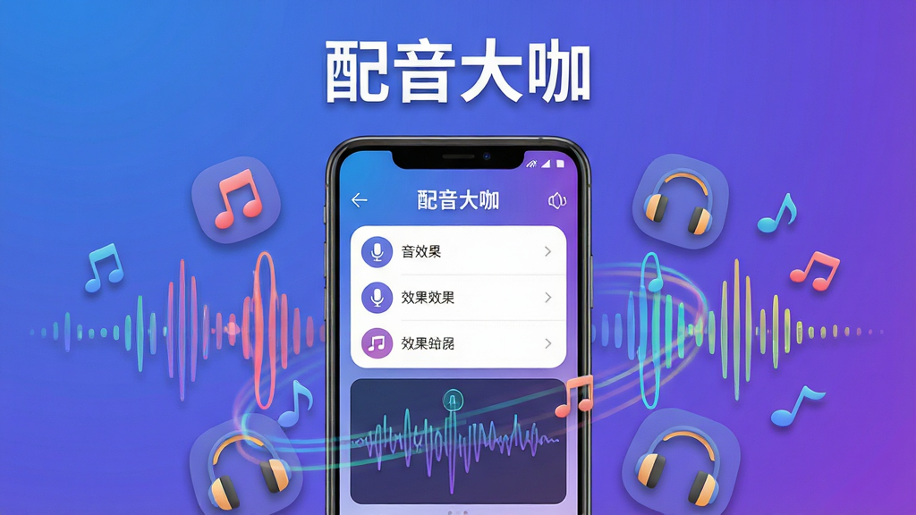 画面中央是一部安卓手机,手机屏幕显示“配音大咖”应用主界面,界面中有麦克风按钮、音效列表与波形图,手机周围环绕着彩色声波线条、音符图标和耳机图案,布局采用居中构图,上方留白处放置软件名称“配音大咖”文字,整体风格为科技感清爽风,细节包含渐变蓝紫色背景、圆角图标、柔和阴影,画质4K超清,画面干净,无多余元素