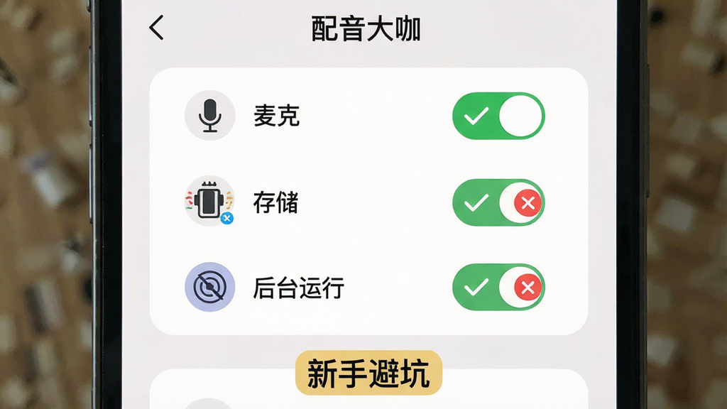 一张手机界面截图风格图,画面展示“配音大咖”的权限设置页面,页面中有麦克风、存储、后台运行三个权限开关,开关旁边有绿色对勾和红色叉号对比,手机下方有“新手避坑”文字标签,布局为上下结构,风格为扁平化说明图,细节包含浅色背景、圆角卡片、简洁图标,画质高清,画面干净,无多余元素