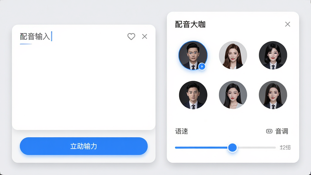 一张横向构图的应用界面截图,画面左侧是文字输入框,右侧是“配音大咖”的音色选择面板,面板中排列着多个圆形头像图标代表不同主播音色,下方有语速和音调滑杆,背景为浅灰色,整体风格简洁现代,细节包含蓝色高亮按钮、白色卡片、柔和投影,画质高清,画面干净,无多余元素