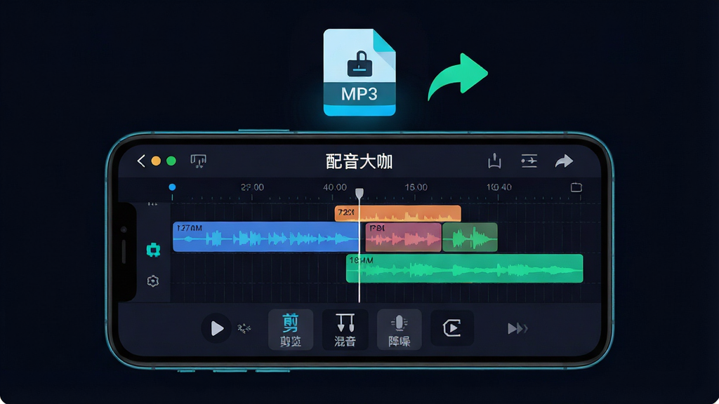一张正视角度图,画面中一部手机横屏显示“配音大咖”的音频剪辑界面,时间轴上有多段彩色音频块,下方有剪辑、混音、降噪等图标按钮,手机上方悬浮着导出的MP3文件图标和分享箭头,布局为居中对称,风格为扁平化科技风,细节包含深色背景、霓虹蓝绿高亮、细腻网格线,画质4K,画面干净,无多余元素