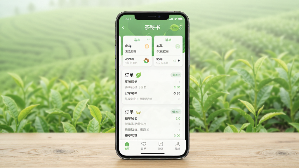 一张展示茶秘书软件主界面的手机样机图,画面中央是一部竖屏智能手机,屏幕上显示茶秘书APP的首页界面,包含库存卡片、订单列表与底部导航栏,背景为浅绿色茶田与木质桌面,风格清新自然,细节清晰可见,画质干净,无多余元素,图中文字标注“茶秘书”