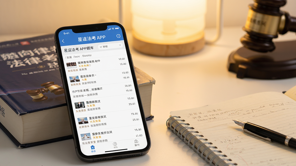 星途法考APP题库界面截图,手机屏幕显示题目列表与解析详情,屏幕旁放置法律考试教材和笔记,背景为柔和暖光,风格清新简约,画面干净,画质清晰