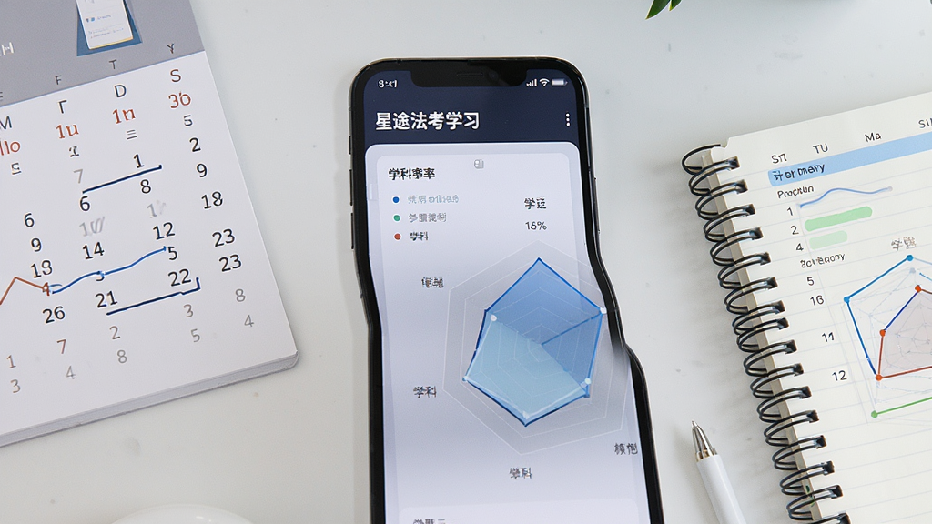 星途法考学习数据统计页面截图,手机屏幕展示正确率折线图与学科雷达图,旁边有日历和计划本,背景为淡灰色桌面,风格极简商务,画质干净,无多余元素