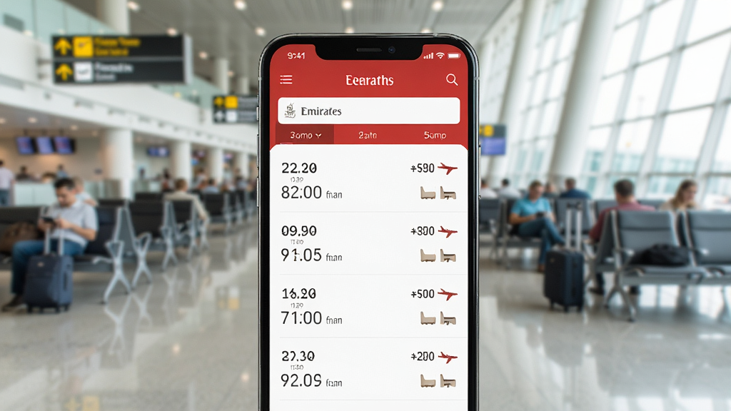 һ��չʾ Emirates Ӧ���ں����������ҳ��ĳ���ͼ���ֻ���Ļ��ʾ���������б�������ʱ�䡢�۸����λͼ�꣬�����ǻ�������������黯Ӱ�񣬻����������࣬���дʵ������������������Ԫ��