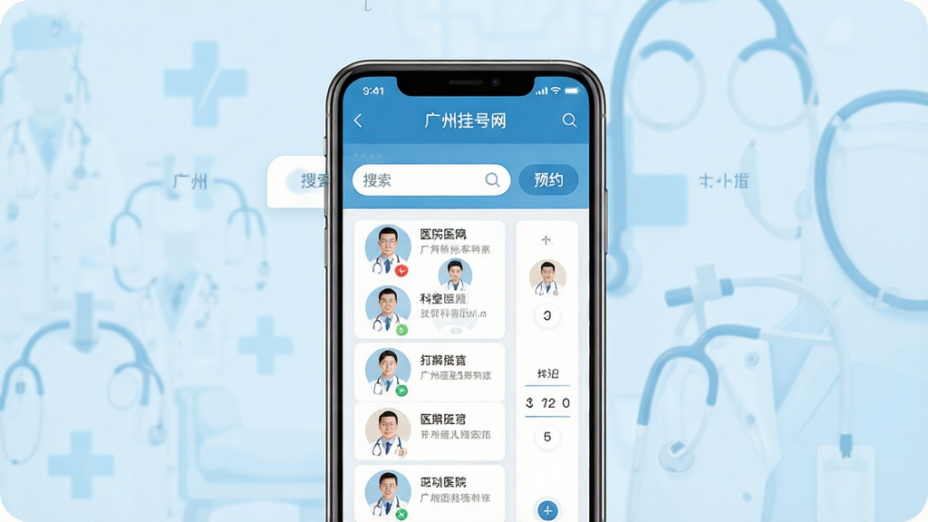 ���ݹҺ�������������չʾ������������һ�������ֻ�����Ļ��ʾҽԺ�б�����ҵ���������Ϊ�ɾ���ǳ��ɫҽ�Ʒ�񣬲��ּ�����ˣ��Ű����Ϊ�������Ҳ�ΪԤԼ��ť�����Ϊ�ִ���ƽ��UI��ƣ�ϸ�ڰ���ҽ��ͷ��Ƭ������ѡ�����������������ɾ����޶���Ԫ��