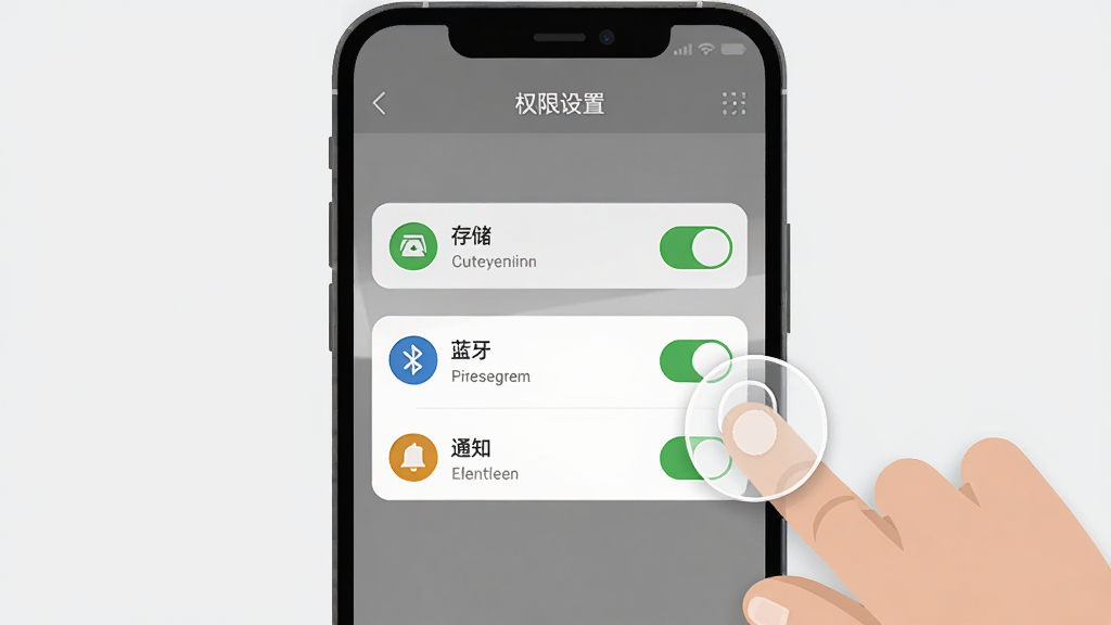 一张AI生成的手机操作示意图,画面展示孕橙APP的权限设置页面,页面中有“存储”“蓝牙”“通知”等开关按钮,旁边有手指点击的动画效果,布局为手机屏幕特写,背景为浅灰色,风格扁平化,细节包含权限图标、文字说明,画质高清,干净,无多余元素