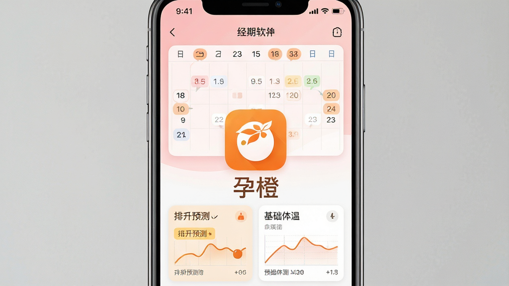 一张展示孕橙软件主界面的手机截图,画面中央是孕橙APP的图标与名称“孕橙”,背景为柔和的浅粉色与白色渐变,主体为一部智能手机,屏幕上显示经期日历与基础体温曲线图,布局简洁清晰,风格清新温暖,细节包含日期标记、排卵预测提示、数据卡片,画质高清,干净,无多余元素