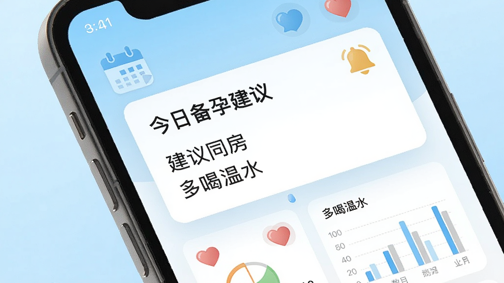 一张AI生成的手机界面展示图,画面中孕橙APP弹出“今日备孕建议”卡片,卡片内包含“建议同房”“多喝温水”等文字,旁边有铃铛提醒图标,布局为手机屏幕特写,背景为浅蓝色渐变,风格清新明快,细节包含日历、爱心图标、数据图表,画质高清,干净,无多余元素