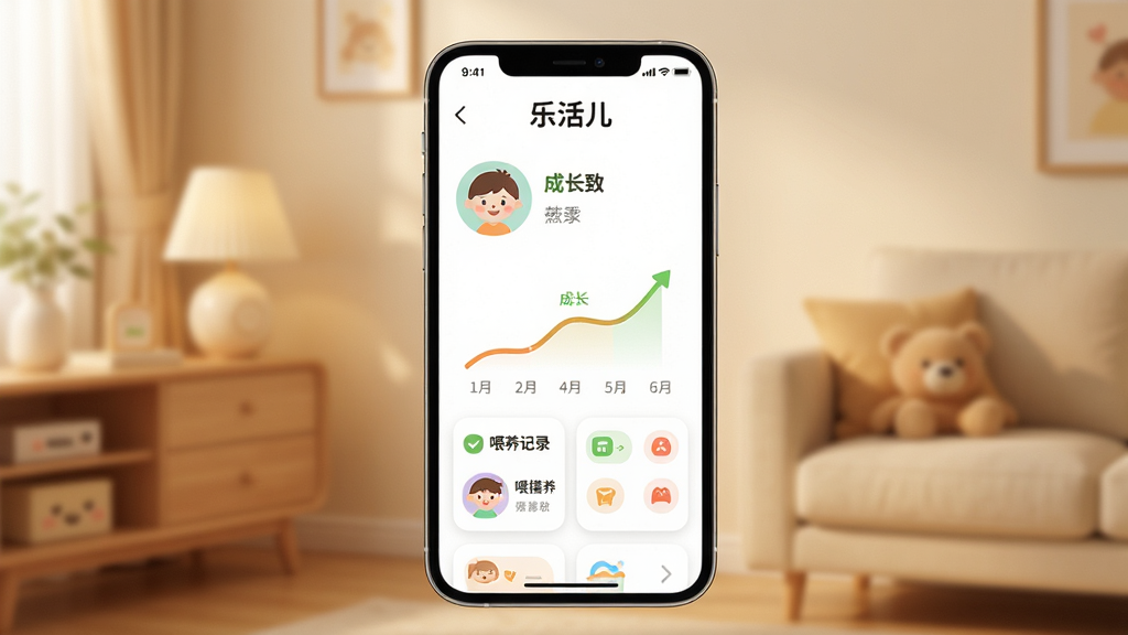 画面主体为一部智能手机,屏幕上显示“乐活儿”应用界面,界面中有儿童头像、成长曲线、喂养记录卡片等元素,布局居中展示手机正面,背景为柔和的暖色调居家环境,风格清新温馨,细节包括界面图标简洁圆润、文字清晰,画质高清,干净,无多余元素