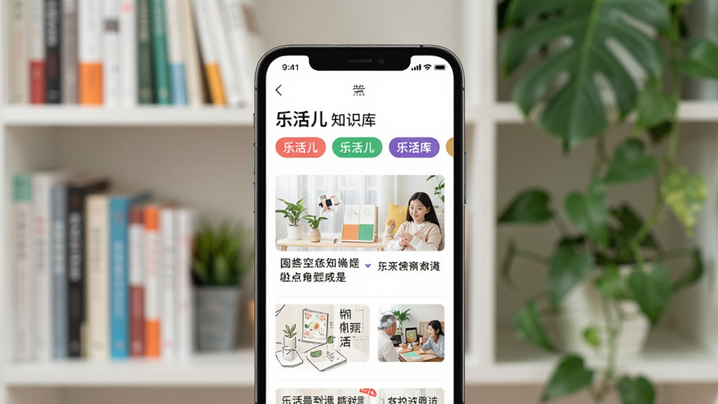 画面主体为手机屏幕展示“乐活儿”知识库页面,页面中有分类标签和文章列表,布局为手机居中、背景为书架和绿植,风格简约清新,细节包括标签色彩区分明显、文字排版整齐,画质高清,干净,无多余元素