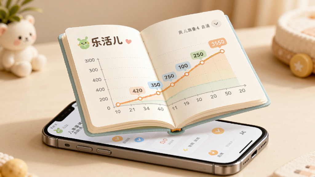 画面主体为一本翻开的电子成长手册悬浮在手机屏幕上方,手册页面显示“乐活儿”字样和儿童身高体重曲线图,布局为手机在下、手册在上形成层次感,风格温馨治愈,细节包括曲线图色彩柔和、数据标签清晰,画质高清,干净,无多余元素