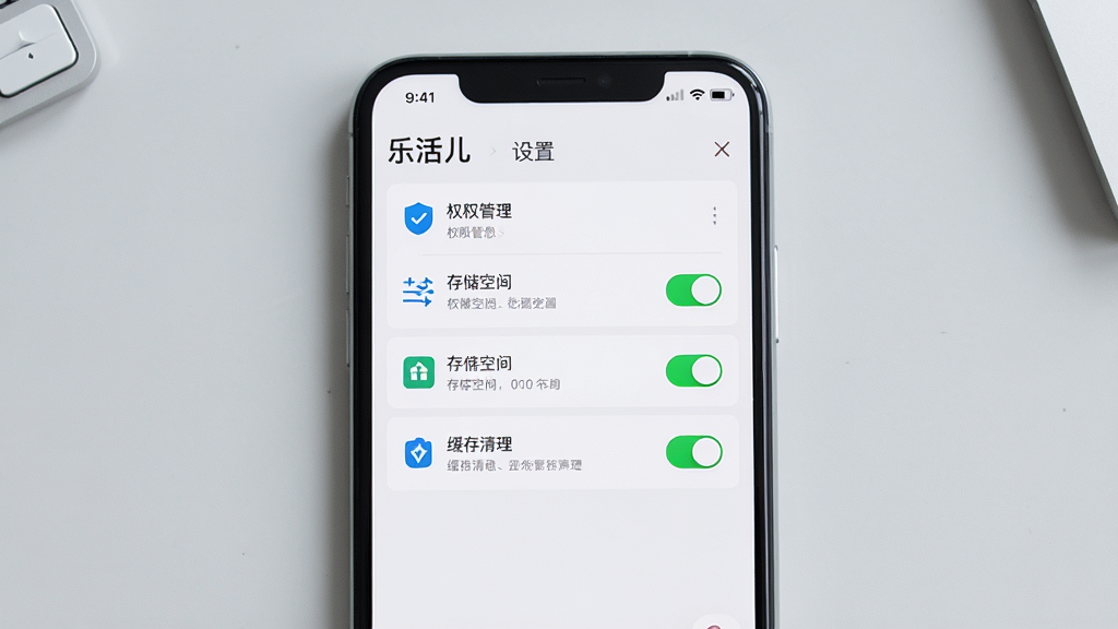 画面主体为手机屏幕显示“乐活儿”应用设置页面,页面中有权限管理、存储空间、缓存清理等选项,布局为手机正面居中、背景为浅灰色桌面,风格简洁商务,细节包括选项图标清晰、开关按钮状态明显,画质高清,干净,无多余元素