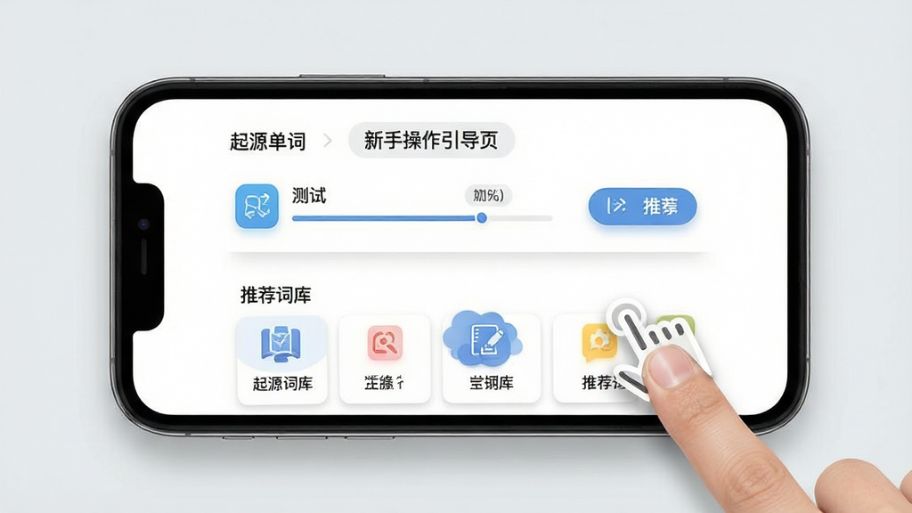 一张“起源单词”新手操作引导页的界面展示图,画面为手机屏幕特写,屏幕显示水平测试结果页和推荐词库卡片,旁边有手指点击的动画示意,背景为简洁的浅灰色,布局采用居中聚焦式,风格为现代UI设计展示图,细节包括清晰的按钮阴影、进度条和图标,画质为高清,画面干净无多余元素