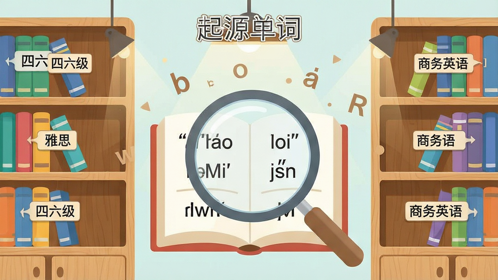 一张“起源单词”多维度词汇库的界面截图风格插画,画面展示多个彩色书架,每个书架上排列着不同标签的词库书籍,如“四六级”“雅思”“商务英语”,书架前有一个放大镜正在聚焦一本打开的书,书页上显示单词和音标,布局为对称式构图,风格为清新扁平插画,细节包括柔和灯光、木质纹理和悬浮的字母粒子,画质为高清,画面干净无多余元素