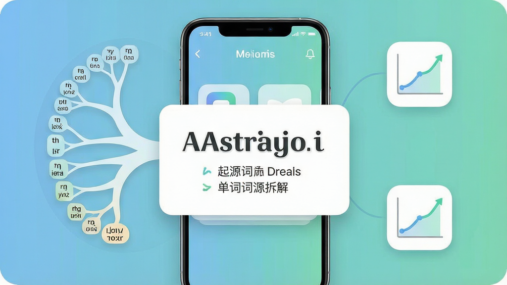 一张展示“起源单词”软件界面的手机样机图,画面中央是一部智能手机,屏幕显示单词词源拆解卡片,卡片上有英文单词和中文释义,周围环绕着词根树状图和记忆曲线图标,布局简洁清晰,风格为现代扁平化教育科技风,细节包括柔和的蓝绿色渐变背景、圆角图标和细腻的阴影,画质为高清2K,画面干净无多余元素