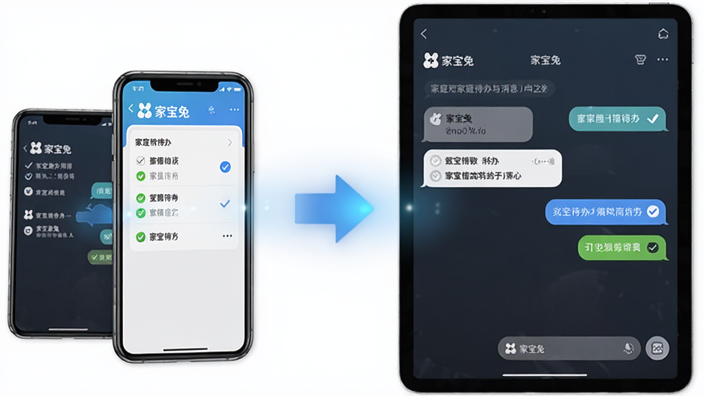 �ұ��ü�ͥ��������Ϣͬ�����棬����չʾһ̨�ֻ���һ̨ƽ�岢�Űڷţ���Ļ����ʾ�ұ��ô����嵥��������Ϣ���м���ͬ����ͷ���ӣ����ֲ������ҶԳ��Ű棬����ִ��Ƽ��У�ϸ�ڰ�����ɫͬ����Ч����ѡͼ������Ϣ���ݣ����ʸ��壬�ɾ����޶���Ԫ�أ������д���