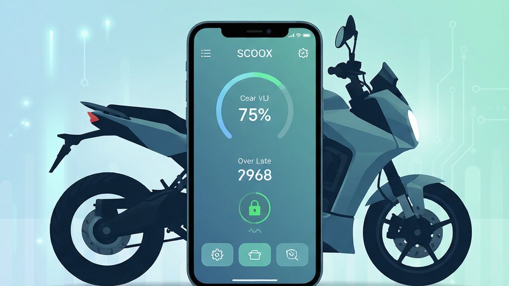 һ��չʾSCOOX�ֻ�Ӧ��������ĿƼ�����ͼ������������һ�����������ֻ�����Ļ����ʾ�綯���Ǳ��̽��棬���������ٷֱ�Բ��������������֡���������״̬ͼ����ײ����ܰ�ť���ֻ�����һ���ִ��綯Ħ�г��Ĳ����Ӱ�����岼�ֲ��þ��жԳƹ�ͼ�����Ϊ�ɾ��ı�ƽ���Ƽ��廭��ϸ�ڰ���΢�⽥�䱳������������ͼ�ꡢ��͵�����ɫ����������������������ɾ��޶���Ԫ�أ��������רҵ���ܳ���Ӧ�õ��Ӿ���Χ