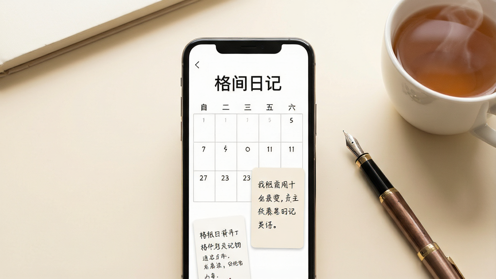 一张展示手机日记应用界面的图片,画面中央是一部竖屏智能手机,屏幕上显示“格间日记”四个字作为应用标题,下方是简洁的日历格子布局与手写风格的日记卡片,背景为温暖的米白色书桌,桌上放着一支钢笔和一杯热茶,整体风格清新极简,光线柔和,画质清晰干净,无多余元素