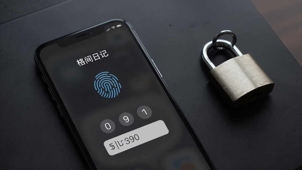 一部手机屏幕显示“格间日记”应用锁界面,画面中有指纹识别图标和密码输入框,背景是深色磨砂质感桌面,旁边有一把金属小锁作为装饰,风格安全沉稳,画质清晰,干净无多余元素