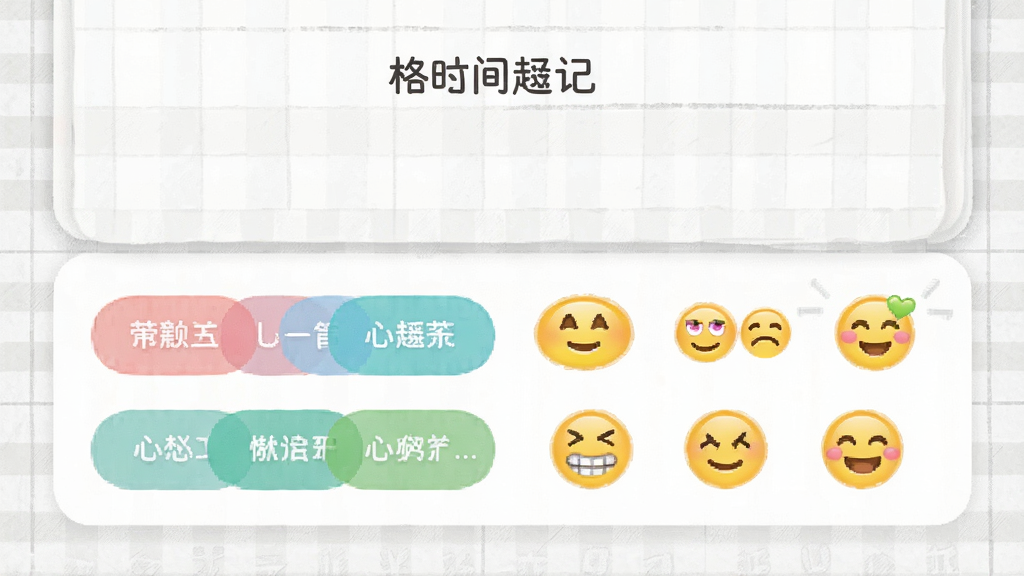 一张“格间日记”应用内页截图风格图片,画面展示彩色标签与心情表情图标排列在日记卡片下方,背景是浅灰色格子纸纹理,风格清新明快,画质细腻,干净整洁,无多余元素