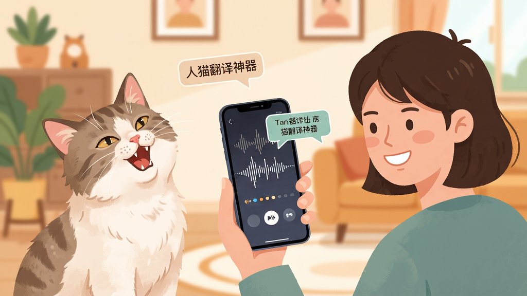 一张展现人猫翻译神器核心全貌的插画,主体是一位年轻主人拿着手机对着猫咪,手机屏幕上显示声波与翻译文字气泡,布局为左右构图,左侧是猫咪歪头叫唤,右侧是主人微笑看手机,排版简洁居中,风格为温馨扁平化插画,细节包括手机界面有“人猫翻译神器”字样、猫咪毛发柔和、背景有家居环境元素,画质高清,干净,无多余元素