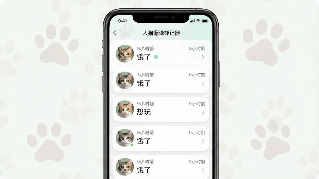 一幅展示人猫翻译神器历史记录与回放功能的场景图,主体是手机屏幕显示翻译记录列表,布局为居中展示,排版为列表式,风格为清新柔和界面风,细节包括每条记录带有猫咪头像、时间戳、翻译文字“饿了”“想玩”,背景有淡淡的猫爪印装饰,画质高清,干净,无多余元素