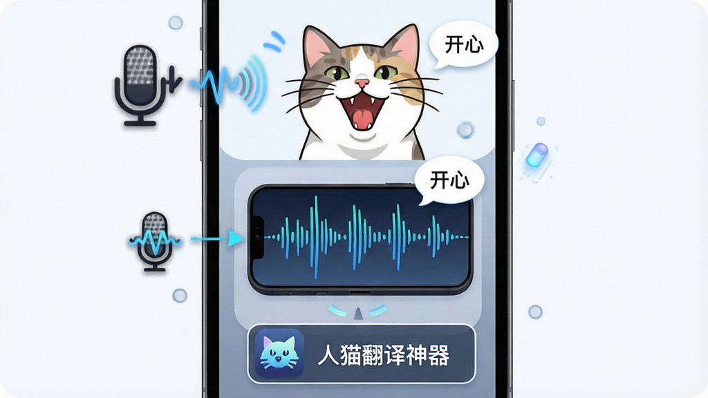 一幅展示人猫翻译神器实时声音采集功能的示意图,主体是手机麦克风图标与猫咪叫声波形,布局为纵向排列,上方是猫咪张嘴叫,中间是声波传入手机,下方是翻译结果文字框,排版清晰,风格为科技感简约插画,细节包含“人猫翻译神器”应用图标、动态声波线条、文字气泡显示“开心”等,画质清晰,干净,无多余元素