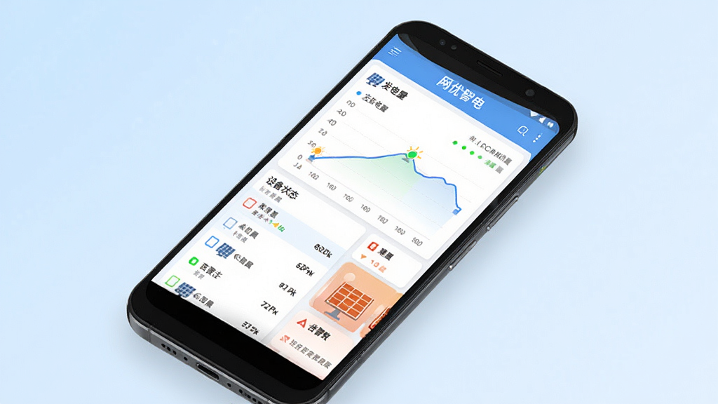 主体是一台安卓手机屏幕,屏幕上显示“网优智电”光伏电站管理界面,包含发电量曲线图、设备状态列表和告警提示卡片;布局采用居中构图,手机略微倾斜,背景是简洁的浅蓝色渐变;排版整齐,界面元素清晰可辨;风格为现代科技感扁平化设计;细节包括光伏板图标、绿色状态指示灯、数据图表;画质高清,干净,无多余元素