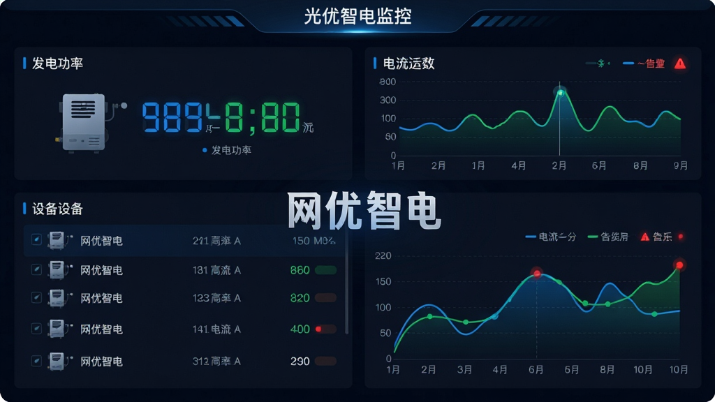 主体是一个光伏电站监控仪表盘界面,屏幕中央显示“网优智电”文字标识;布局采用上下结构,上方是发电功率大数字卡片,下方是设备列表和曲线图;排版清晰,模块之间有适当留白;风格为深色科技风,搭配蓝色和绿色数据高亮;细节包括逆变器图标、电流波动曲线、告警红点;画质高清,干净,无多余元素