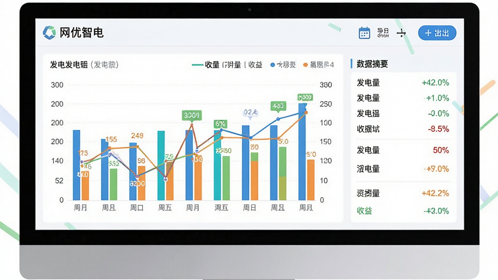 主体是“网优智电”数据报表界面,屏幕显示柱状图和折线图组合,标注发电量和收益数据;布局采用左右分栏,左侧是图表,右侧是数据摘要;排版工整,图表颜色区分明显;风格为清新浅色商务风;细节包括日历图标、导出按钮、百分比数值;画质高清,干净,无多余元素