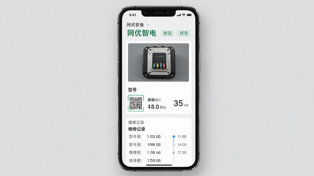 主体是手机屏幕展示“网优智电”设备档案详情页,包含设备照片、型号参数和维修记录列表;布局采用纵向滚动式卡片,顶部是设备名称和状态标签;排版清晰,信息分组明确;风格为素雅极简风,浅灰背景搭配白色卡片;细节包括二维码图标、质保倒计时、维修时间线;画质高清,干净,无多余元素