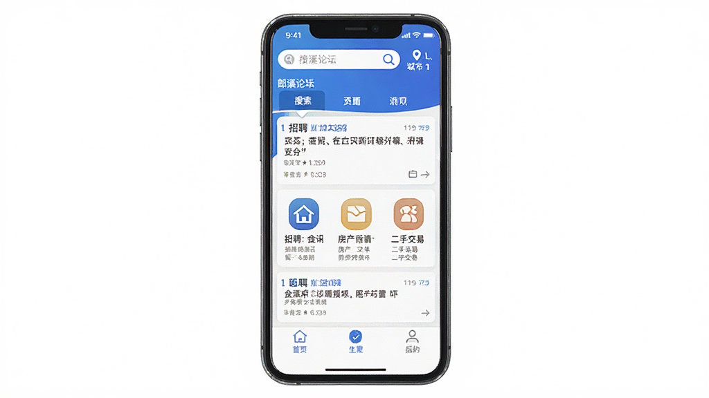 郎溪论坛软件主界面预览图,画面中央展示一部智能手机,手机屏幕内呈现本地生活社区应用首页,顶部有搜索栏和城市定位标识,中部为资讯信息流卡片,包含招聘、房产、二手交易等分类图标,底部为导航栏,整体布局清晰,采用蓝白配色,风格简约现代,细节丰富,画质高清,干净无多余元素