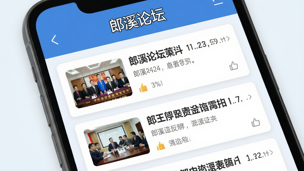 郎溪论坛本地资讯页面展示图,画面以手机屏幕为主体,屏幕内显示资讯列表页面,每条资讯配有缩略图和标题文字,顶部有“郎溪论坛”字样,界面采用卡片式布局,风格清爽,背景为浅色,细节清晰,画质高清,干净无多余元素