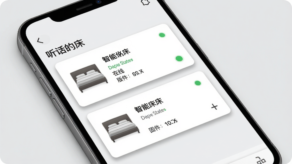 一张展示智能床设备管理界面的图片,画面主体是一部手机,屏幕上显示
