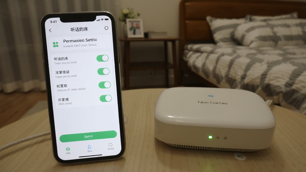 一张展示用户正在安装和设置听话的床应用的图片,画面中一部手机放在桌面上,屏幕显示