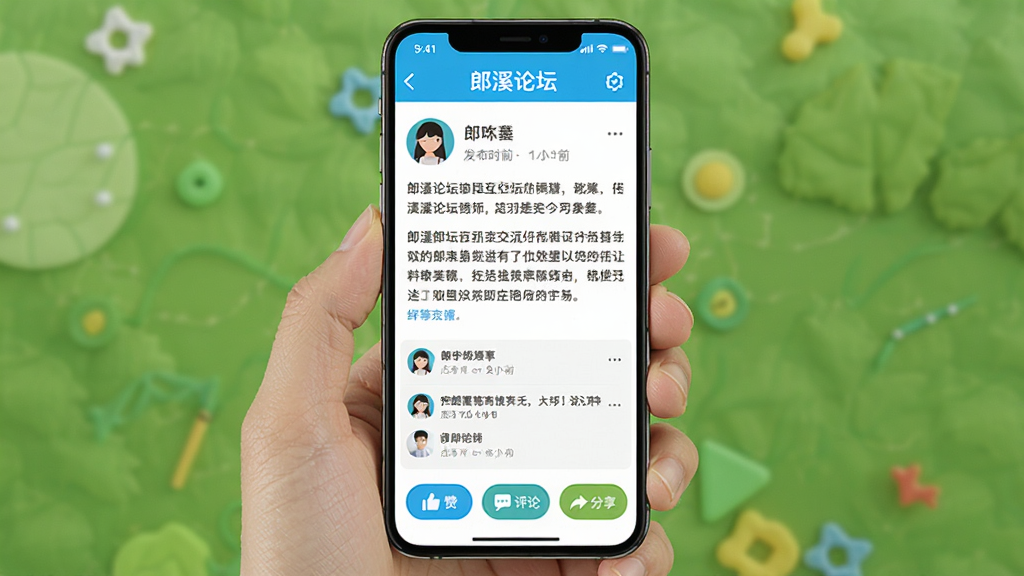 郎溪论坛社区互动交流界面图,手机屏幕内展示帖子详情页面,包含用户头像、昵称、发布时间、正文内容和评论区,底部有点赞、评论、分享按钮,界面风格活泼,配色明快,细节丰富,画质高清,干净无多余元素