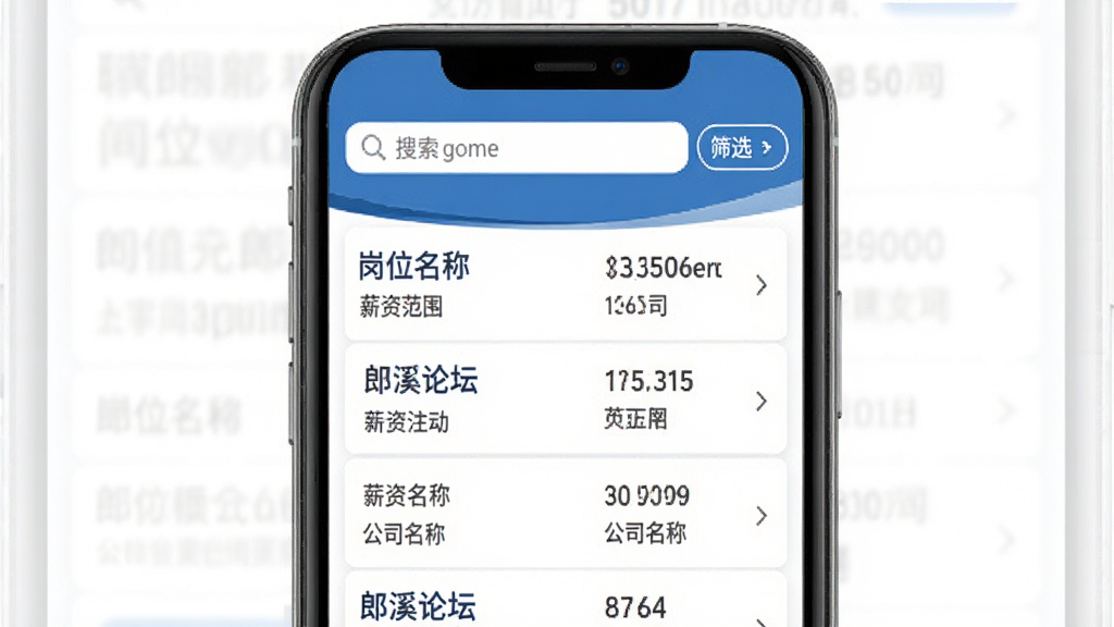 郎溪论坛招聘求职功能界面图,手机屏幕内展示职位列表页面,包含岗位名称、薪资范围、公司名称等信息,顶部有搜索框和筛选按钮,界面排版整齐,风格商务简洁,配色以蓝色和白色为主,画质高清,干净无多余元素