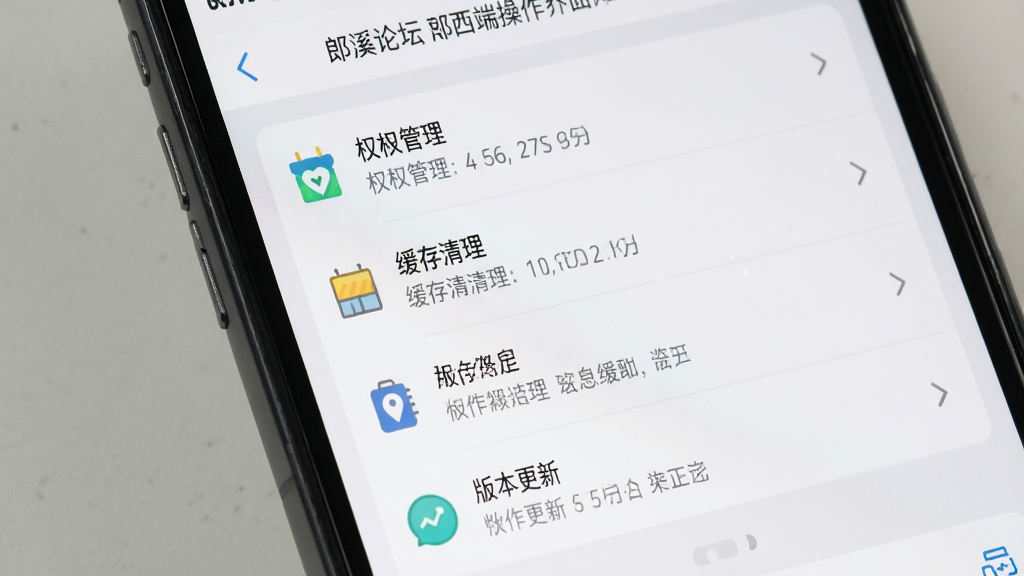 郎溪论坛手机端操作界面细节图,画面展示手机屏幕内应用设置页面,包含权限管理、缓存清理、版本更新等选项,界面布局规整,风格简约,配色以白色和浅灰为主,细节清晰,画质高清,干净无多余元素