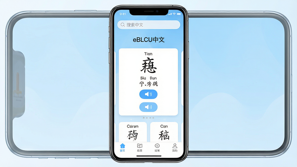 一张展示手机屏幕内中文学习应用界面的图片,画面中央是“eBLCU中文”应用主界面,包含汉字卡片、拼音标注和发音按钮,背景为浅蓝色渐变,布局简洁清晰,风格现代教育类App,细节包括顶部搜索栏、中部学习卡片、底部导航栏,画质高清干净无多余元素