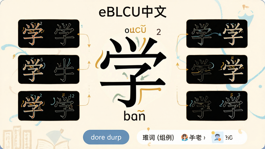 一张展示“eBLCU中文”汉字学习页面的图片,画面中央为放大的汉字“学”及其拼音标注,周围环绕笔顺动画分解步骤,底部有发音按钮和组词示例,背景为柔和米白色,风格清新教育类,细节包括声调高亮和笔画顺序数字,画质高清干净无多余元素