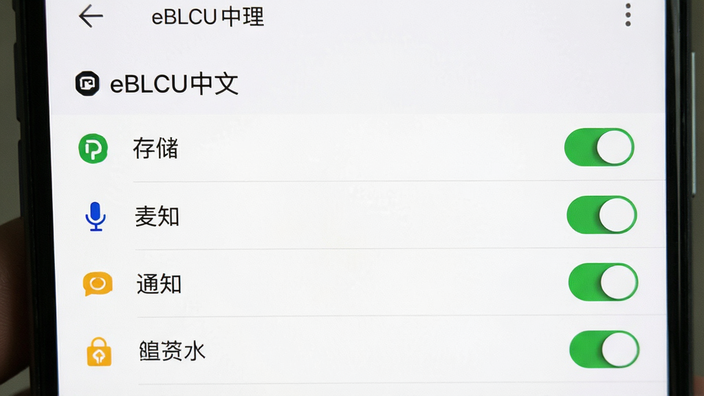 一张展示手机设置界面中应用权限管理页面的图片,画面中央为“eBLCU中文”的权限列表,包含存储、麦克风、通知等开关按钮,背景为白色,风格简洁系统设置类,细节包括权限图标和开关状态,画质高清干净无多余元素